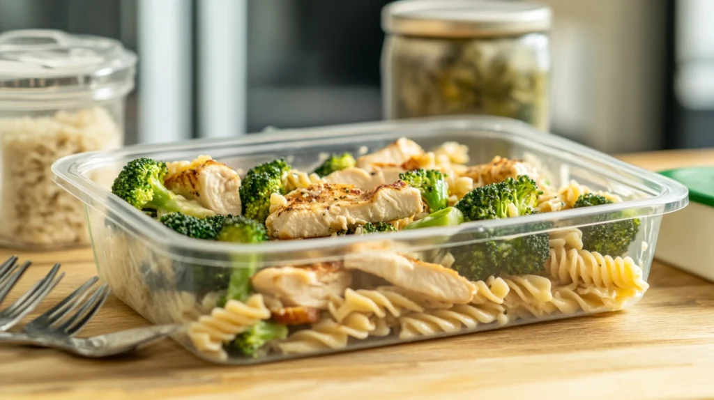 A meal prep container with Chicken Broccoli Alfredo, ready for refrigeration.