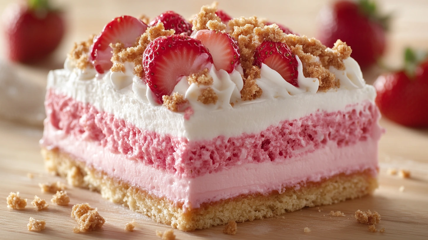 Strawberry Crunch Cake with a pink crunchy topping