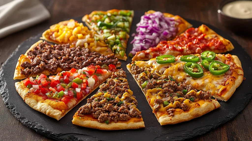 Creative taco pizza variations, including a vegetarian option.