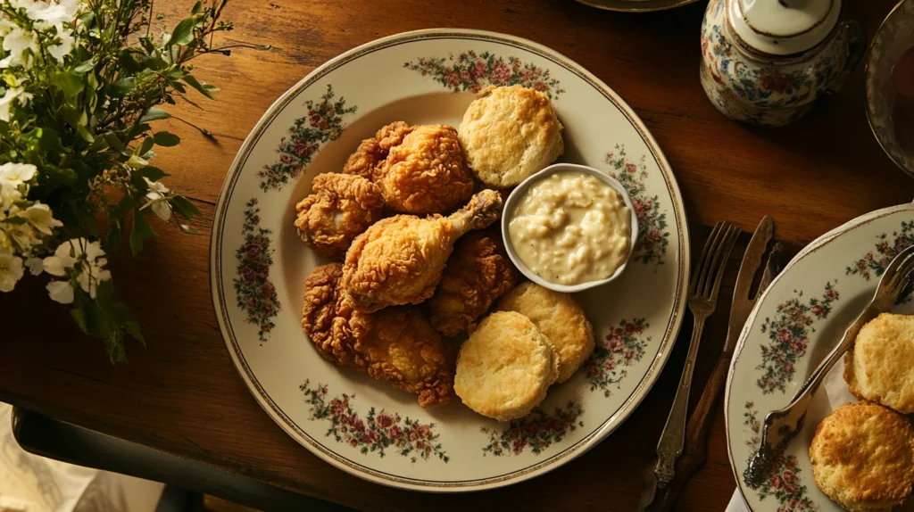 A vintage-style setup of a fried chicken meal.