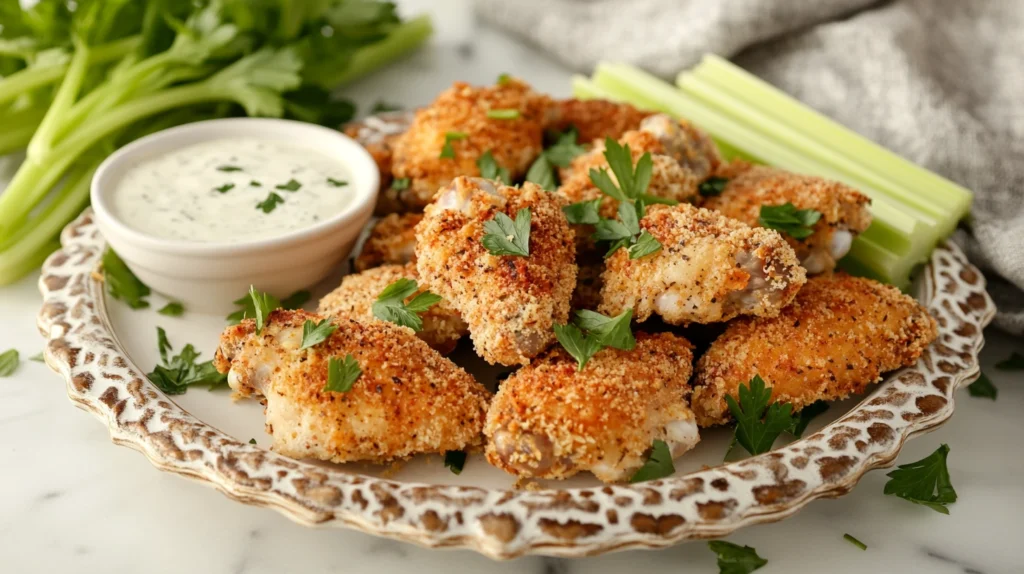 A beautifully presented plate of crispy baked chicken wings.