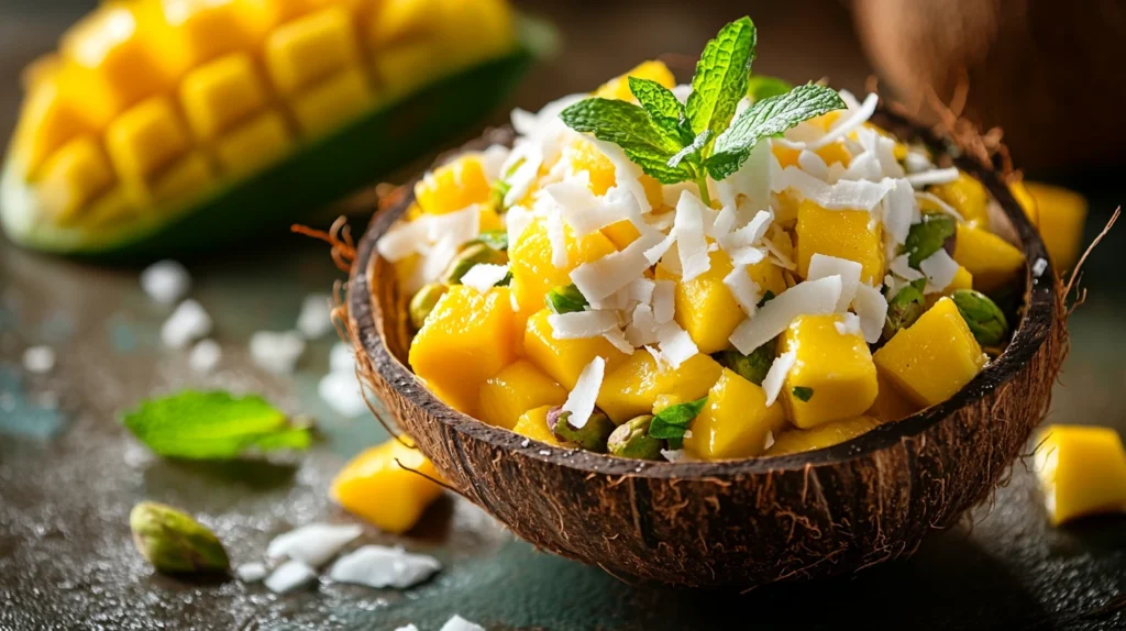 A tropical variation of pistachio salad with coconut and mango.