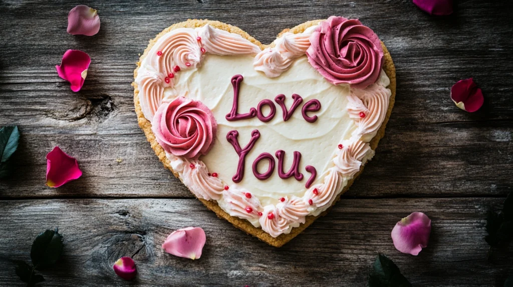 A heart-shaped cookie cake with romantic decorations.