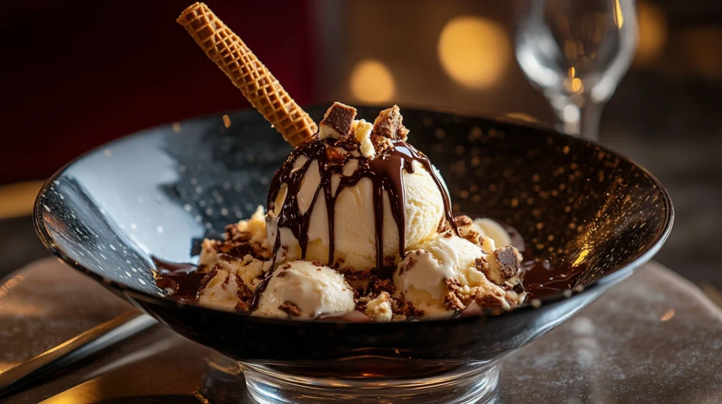 Ice cream with crushed wafer cookies and chocolate drizzle.