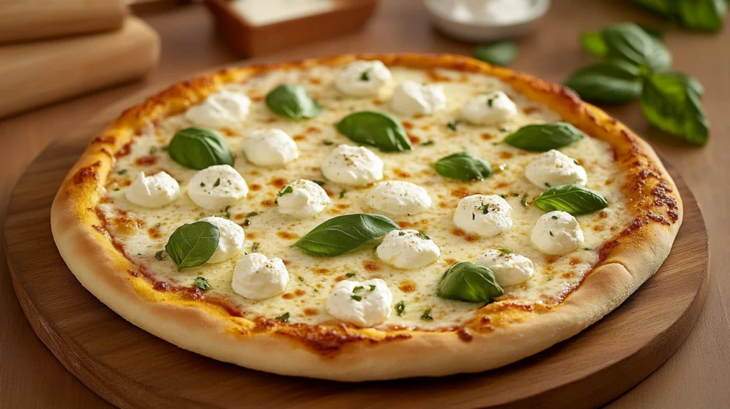 Freshly baked white pizza with melted cheese and herbs