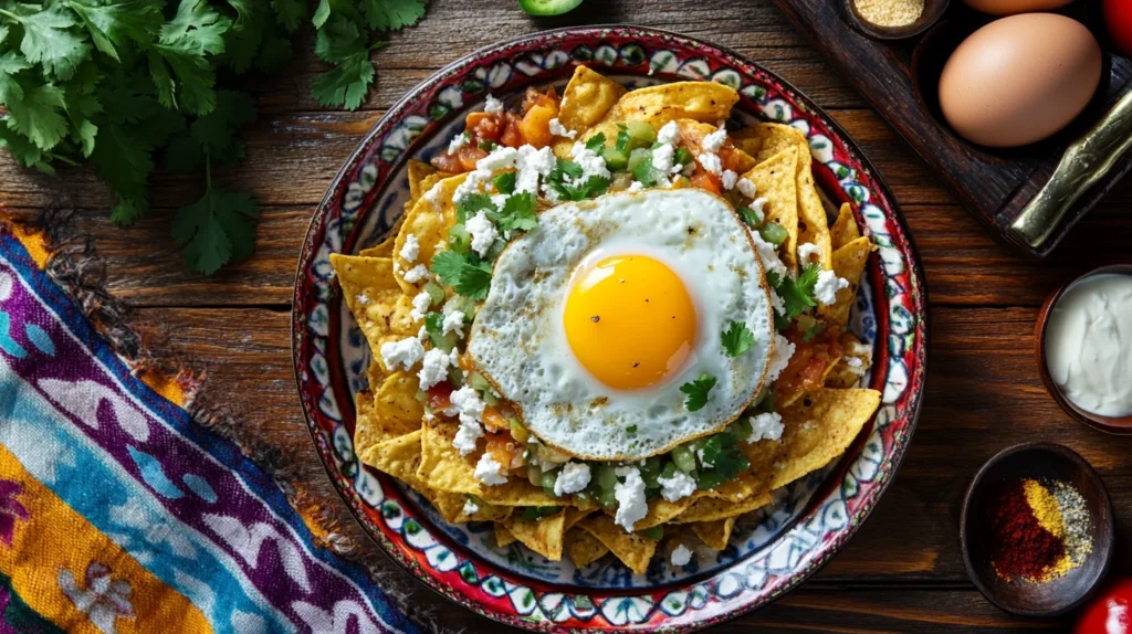 A plate of chilaquiles verdes topped with queso fresco, crema, and a fried egg.