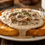 A plate of creamed chipped beef on golden toast, garnished with black pepper.
