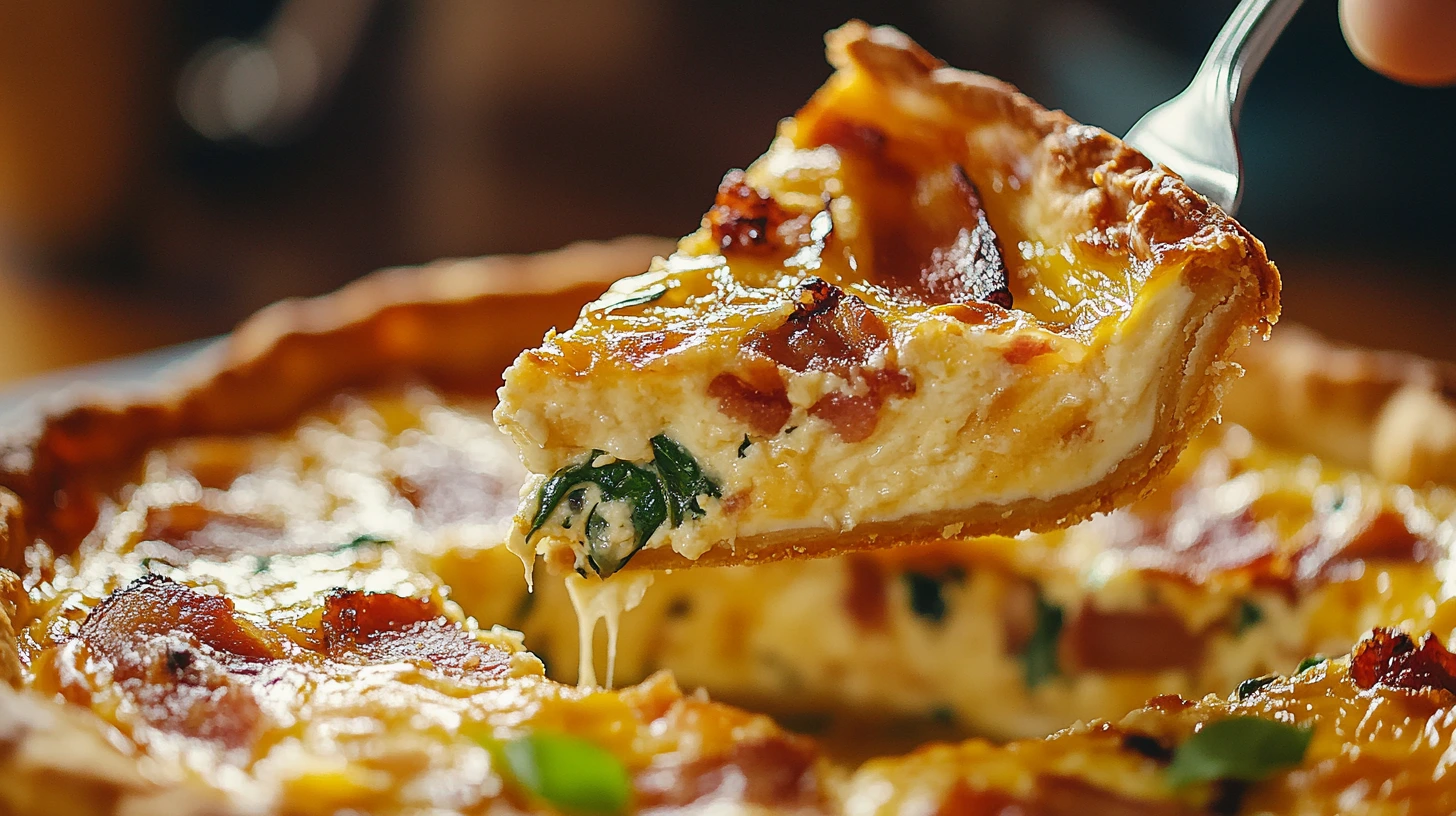 A freshly baked quiche with a slice being lifted, revealing a creamy inside.