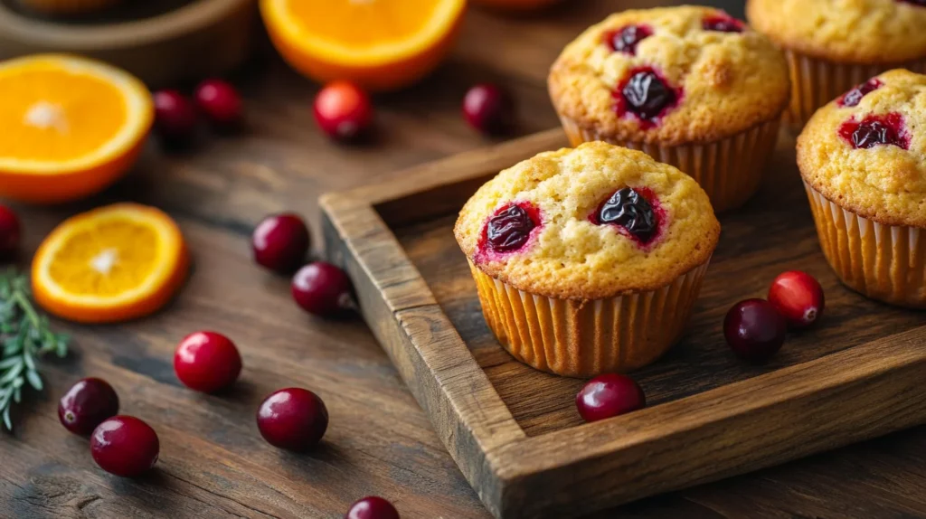Freshly baked cranberry orange muffins on a rustic wooden tray.