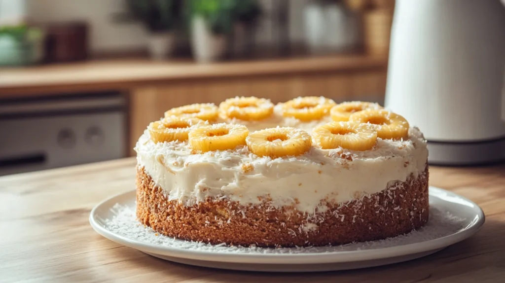 A pineapple cake with a thick layer of cream cheese frosting and pineapple slices on top