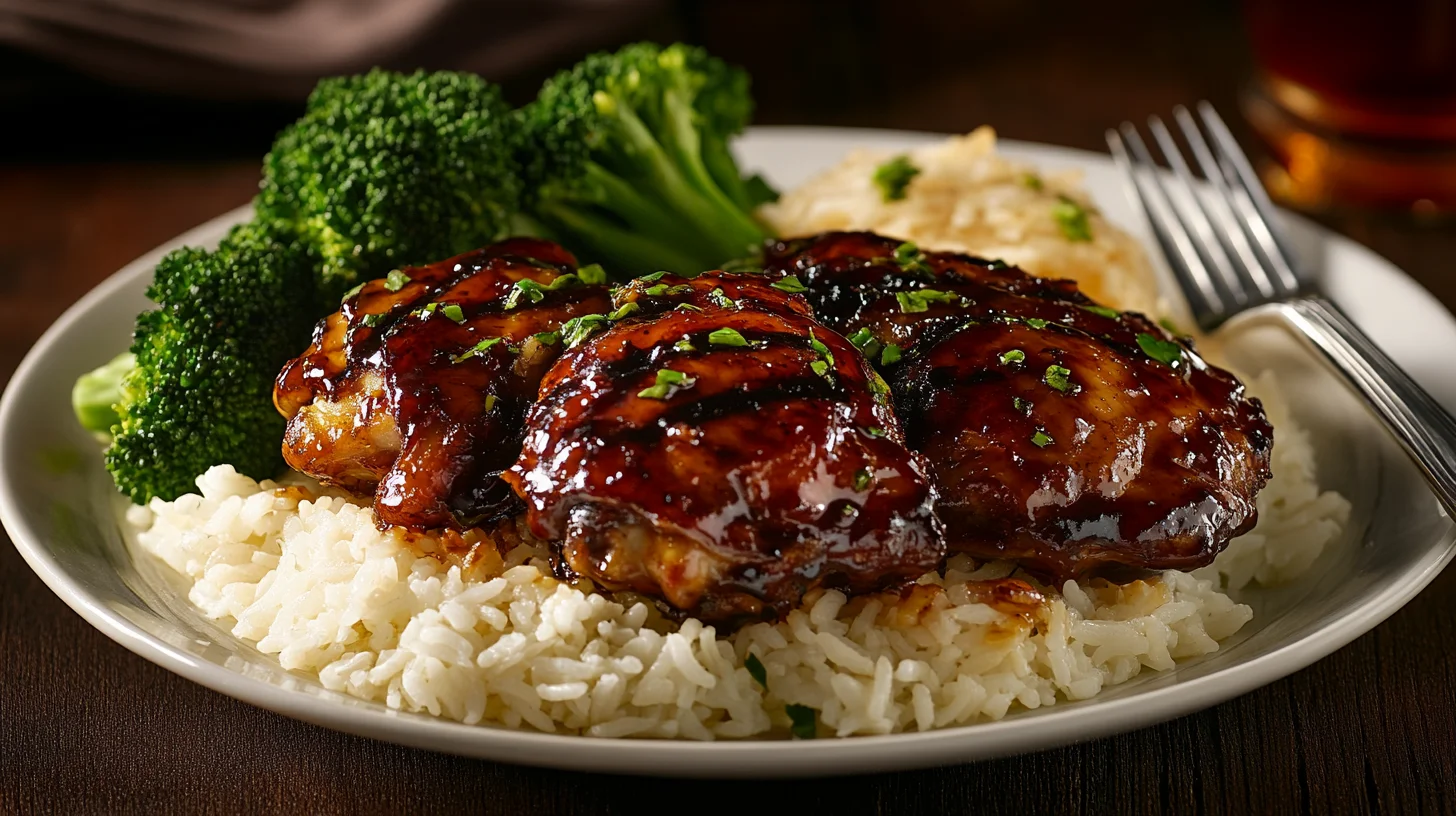 Honey garlic chicken thighs plated with rice and vegetables.