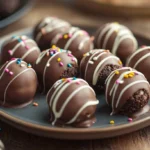 A plate of Oreo balls coated in chocolate, drizzled with white chocolate, and topped with sprinkles.