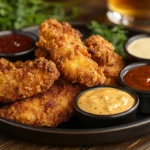 Air fryer chicken tenders served with multiple dipping sauces