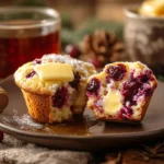 A cranberry orange muffin cut in half, served with butter and tea.