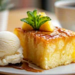 A slice of pineapple cake served on a plate with a scoop of vanilla ice cream and a fork
