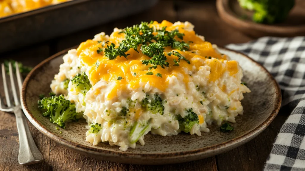 A serving of chicken broccoli rice casserole on a plate, garnished with parsley.