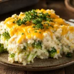 A serving of chicken broccoli rice casserole on a plate, garnished with parsley.