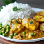 A plate of Jamaican curry chicken with rice and fried plantains.
