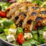 Grilled chicken served atop a Greek avocado feta salad