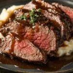 Plated beef chuck roast with mashed potatoes and gravy.
