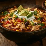 A steaming bowl of chicken taco soup with toppings like cheese, avocado, and tortilla chips.