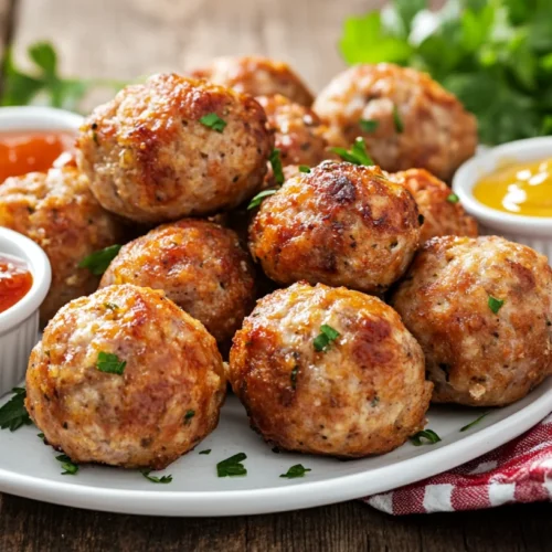 Plate of freshly baked sausage balls with dipping sauces