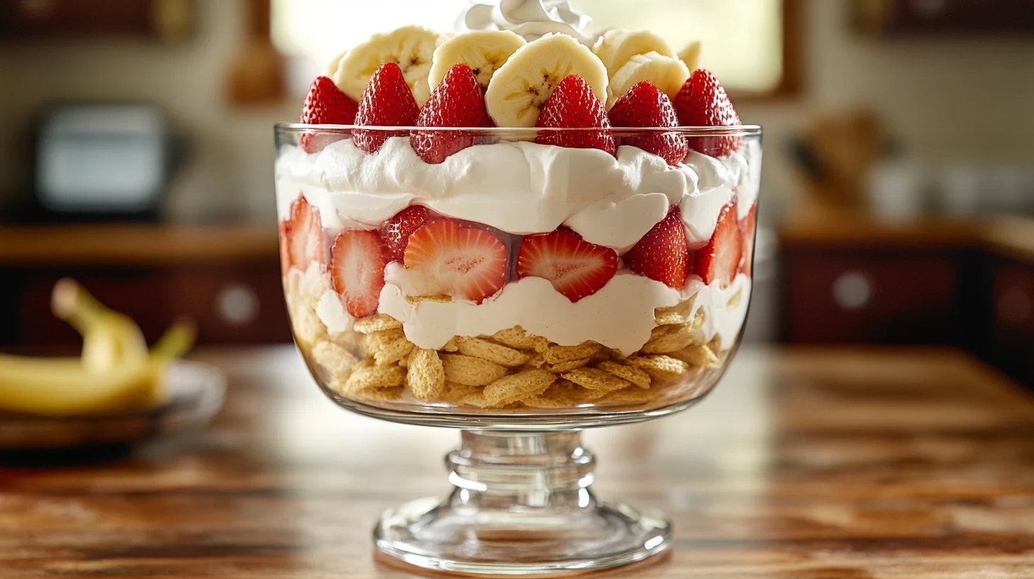 Strawberry banana pudding layered in a glass trifle dish