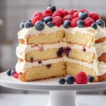 Almond nut cake with cream cheese frosting and berries