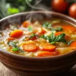 A steaming bowl of homemade cabbage soup with fresh ingredients.