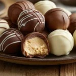 A plate of chocolate-coated peanut butter balls with one cut open to reveal the creamy filling inside.