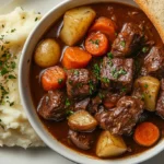 A bowl of beef stew served with mashed potatoes and crusty bread.