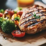 Juicy grilled chicken breast served with vegetables on a wooden board