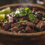 A bowl of freshly cooked, juicy shredded beef with seasonings.