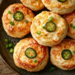 Spicy jalapeño cheese scones on a plate with visible pepper pieces