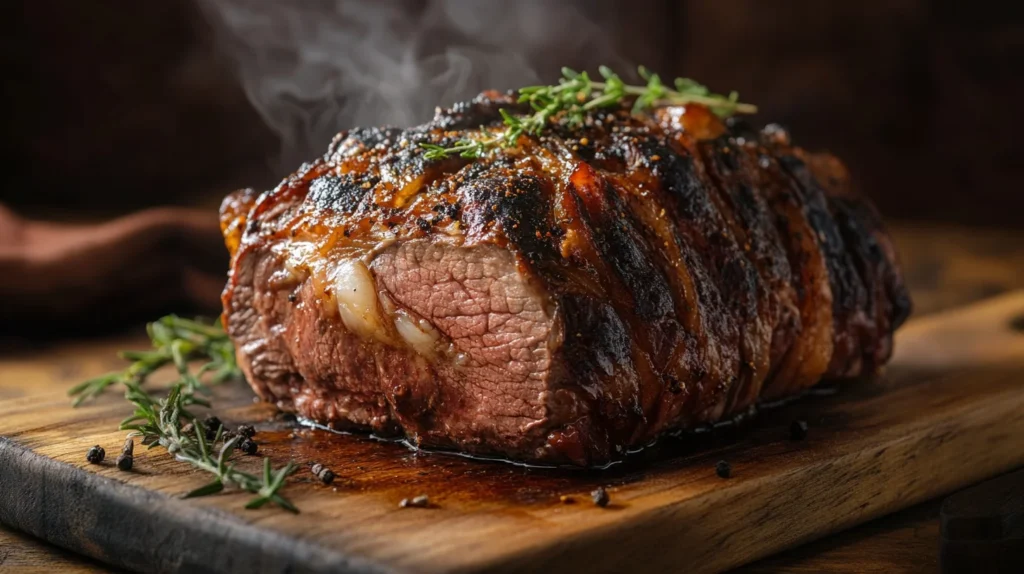 Juicy beef chuck roast on a wooden cutting board.
