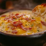 A bowl of loaded baked potato soup served with a side of garlic bread.