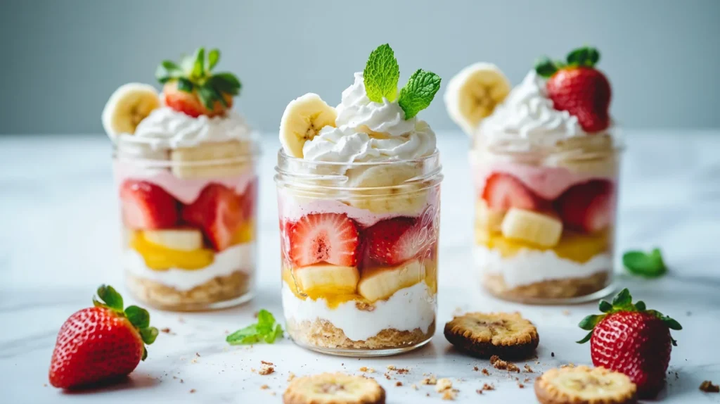 Vegan strawberry banana pudding served in small mason jars