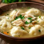 A steaming bowl of homemade chicken dumpling soup.